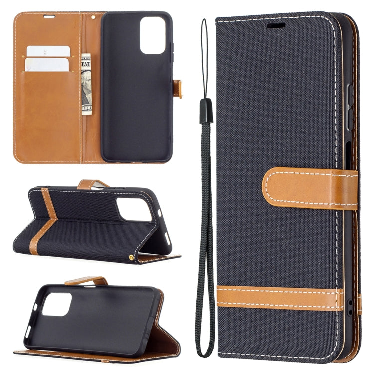 Denim-texture flip phone wallet case with card slots and wrist strap, dark blue