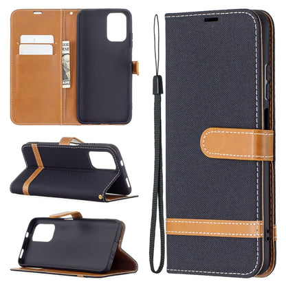 Denim-texture flip phone wallet case with card slots and wrist strap, dark blue