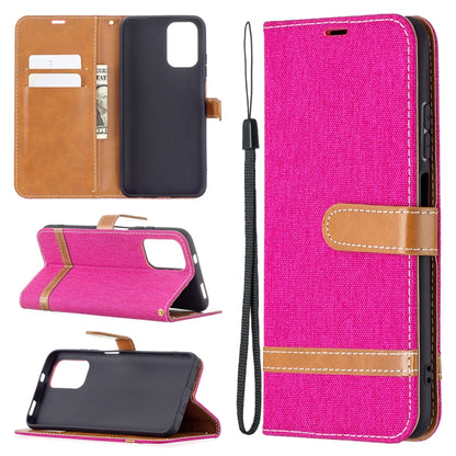 Denim-texture flip phone wallet case with card slots and wrist strap, bright pink
