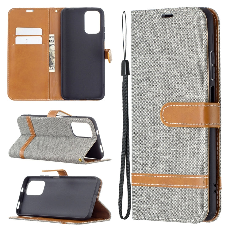 Denim-texture flip phone wallet case with card slots and wrist strap, light gray