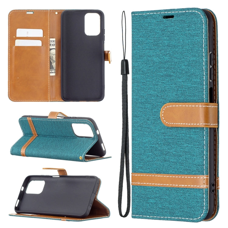 Denim-texture flip phone wallet case with card slots and wrist strap, teal blue