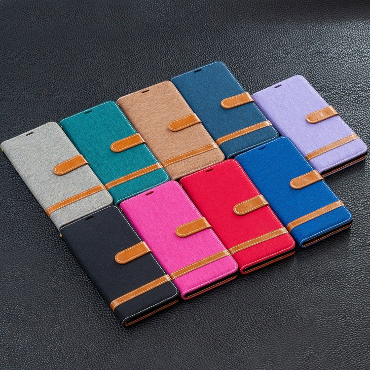 Assorted denim-texture flip phone wallet cases with card slots and wrist straps