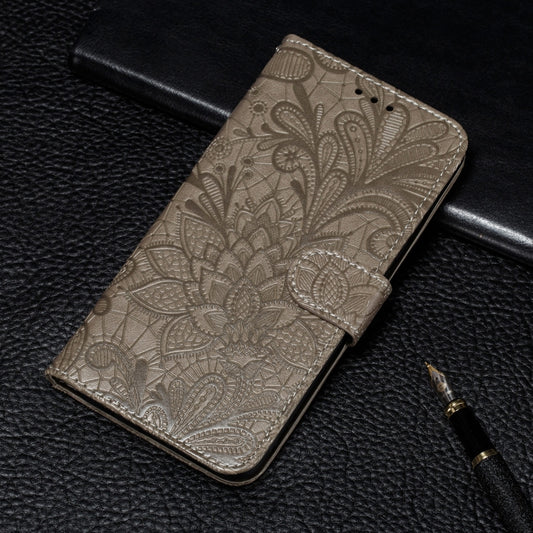 Embossed leather phone wallet case with floral lace pattern, horizontal flip cover