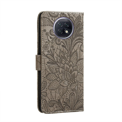 Embossed leather phone wallet case with floral lace pattern and camera cutout