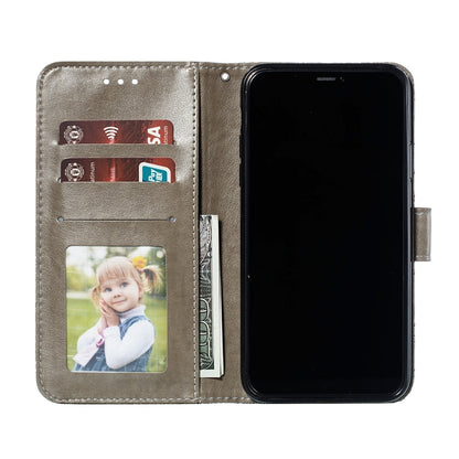 Fold-open leather phone wallet case with card slots and photo window