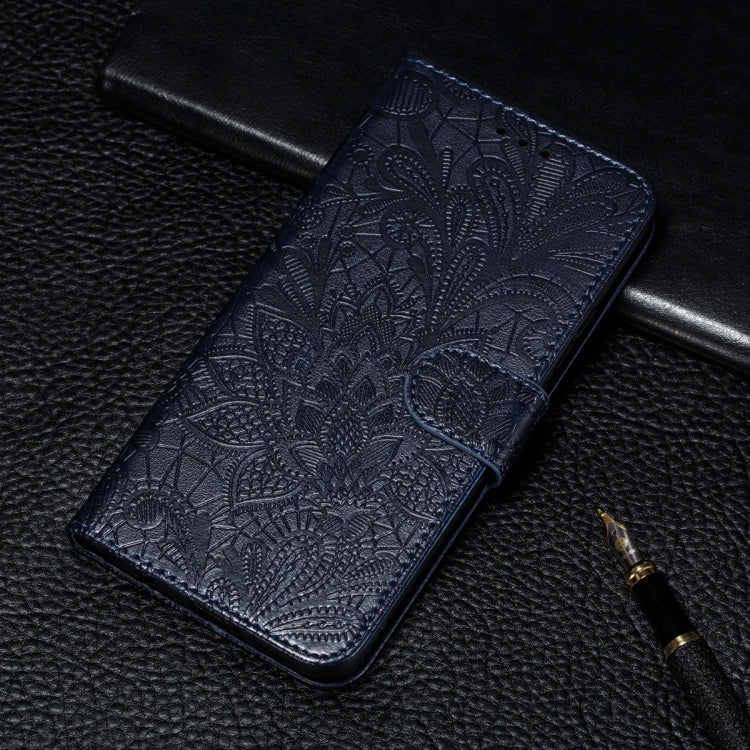 Navy embossed lace-pattern leather flip phone case with card slots and holder