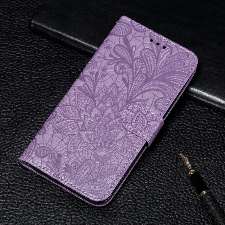 Embossed floral wallet phone case with card slots, purple leather-style folio view