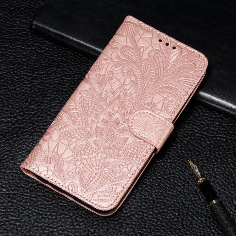 Rose gold faux leather phone wallet case with embossed lace floral pattern and flip cover