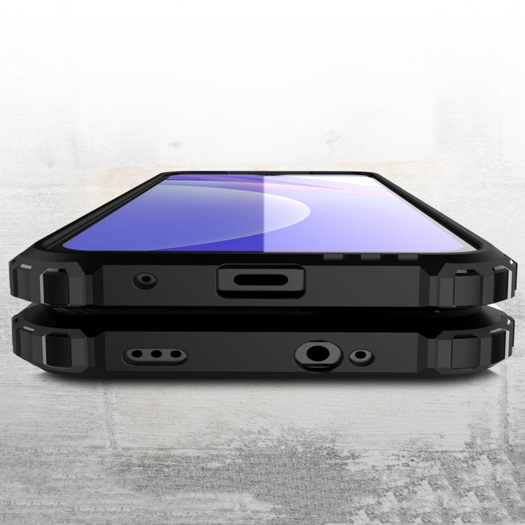Rugged black phone case, dual-layer bumper with button and port openings.