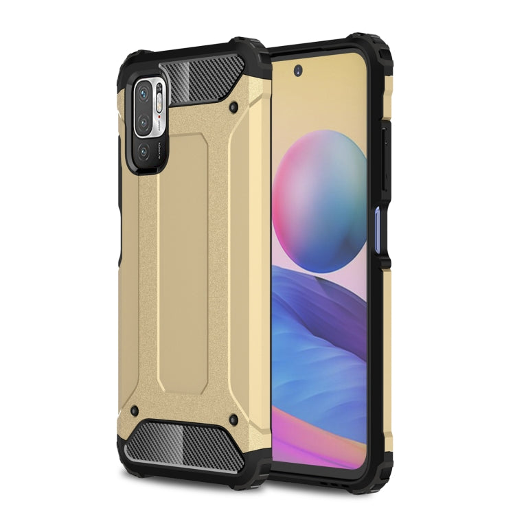 Rugged TPU+PC phone case, gold with black bumper and textured back panel.