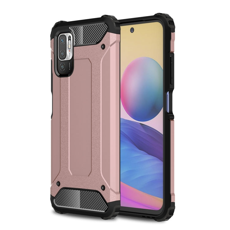 Rugged TPU+PC phone case, rose gold with black bumper and textured grip.