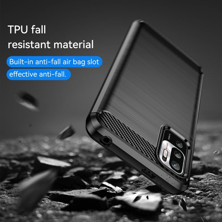 Black TPU phone case with brushed back and carbon-fiber panel near camera, angled view