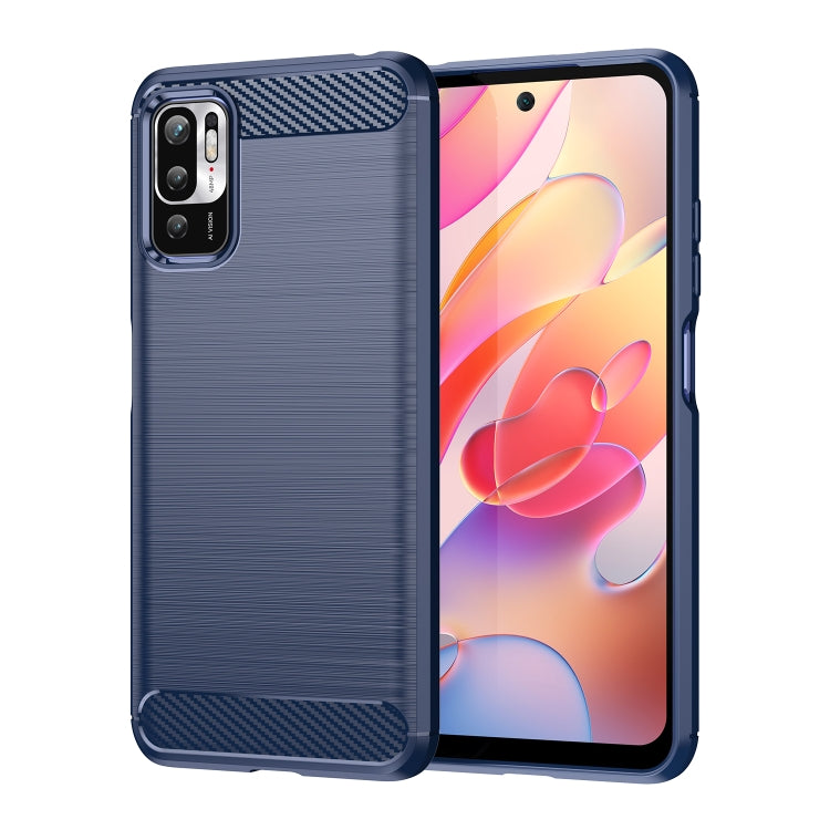 Navy brushed texture TPU phone case with carbon-fiber accents, front and back views