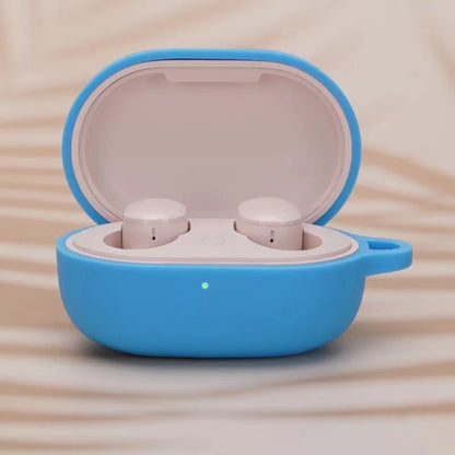 Sky blue silicone earphone protective case with open lid and two white earbuds inside