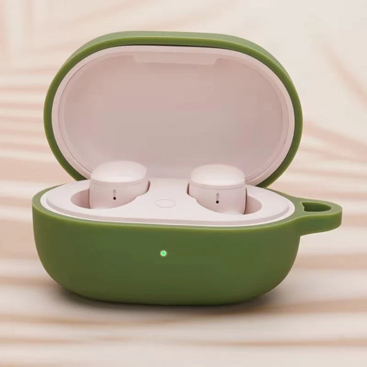 Grass green silicone earphone protective case with open lid and two white earbuds inside