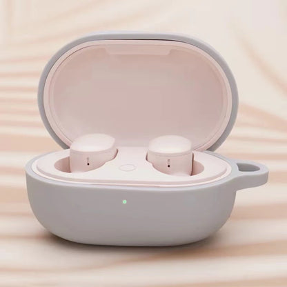 Grey silicone earphone protective case with open lid and two white earbuds inside