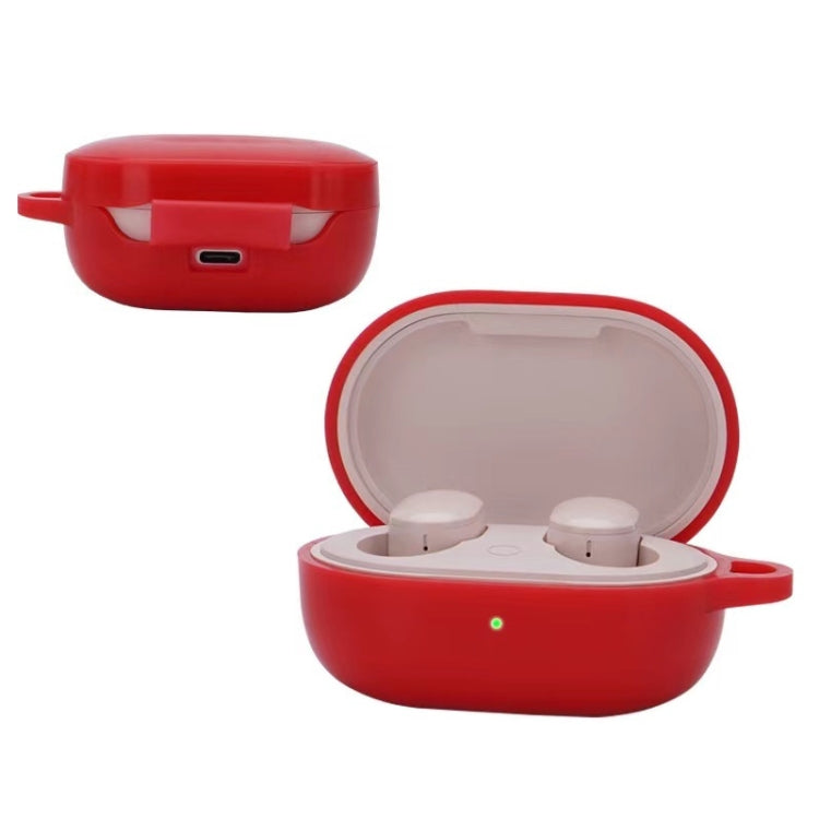 Red silicone earphone protective case with earbuds inside, open lid and loop