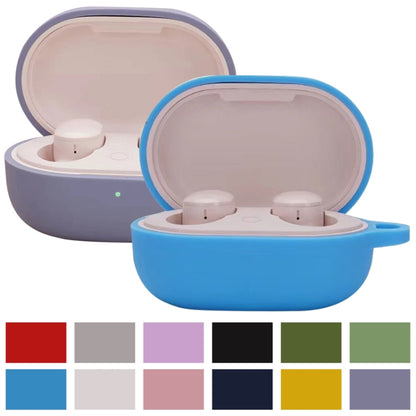 Silicone earphone protective cases in multiple colors, blue and gray with open lids