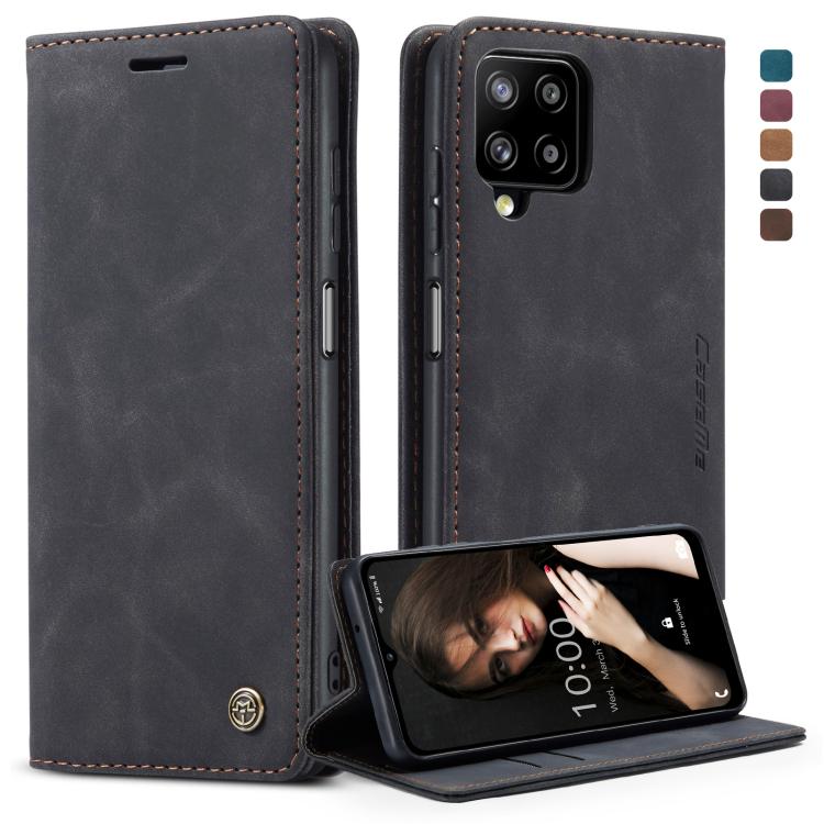 Dark leather flip phone case with card slot and wallet, holding a phone with screen on.