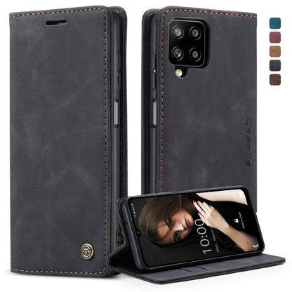 Dark leather flip phone case with card slot and wallet, holding a phone with screen on.