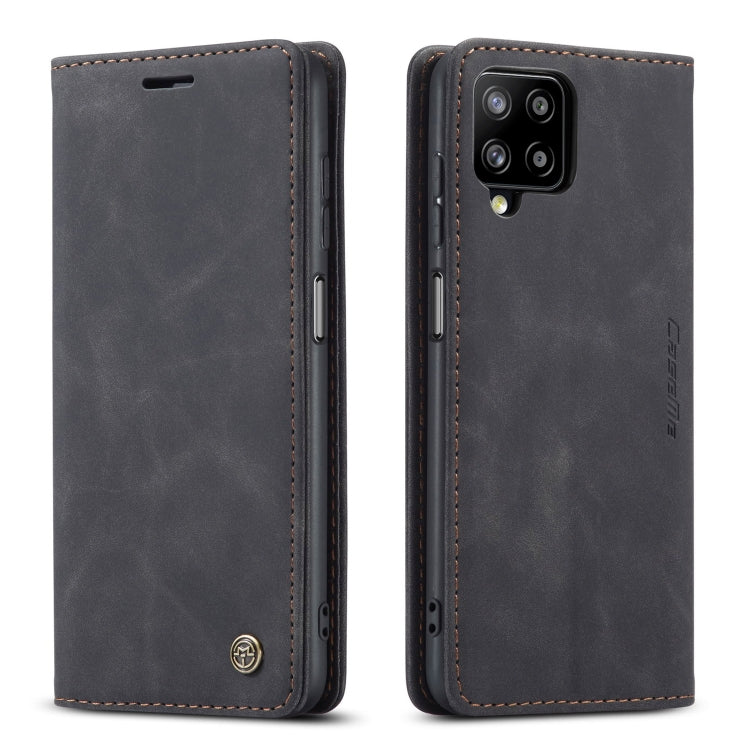 Dark leather flip phone case, front and back view with stitched edges and camera cutout.