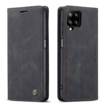 Dark leather flip phone case, front and back view with stitched edges and camera cutout.