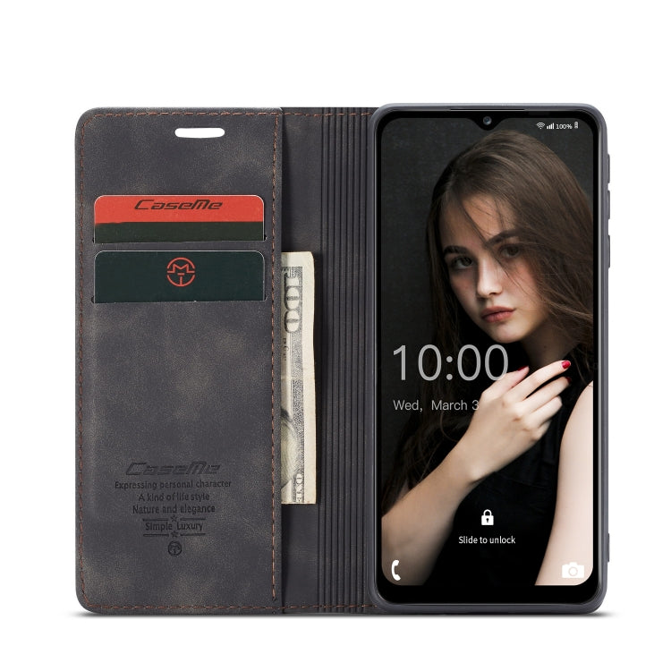 Dark leather flip phone case open view with card slot and phone held securely.