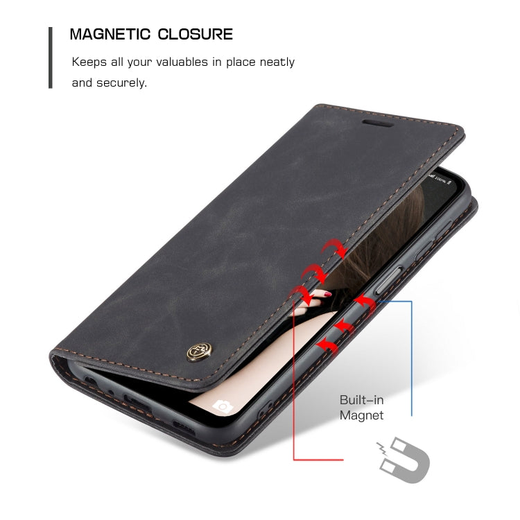 Dark leather flip phone case with magnetic closure and built-in magnet for secure shut.