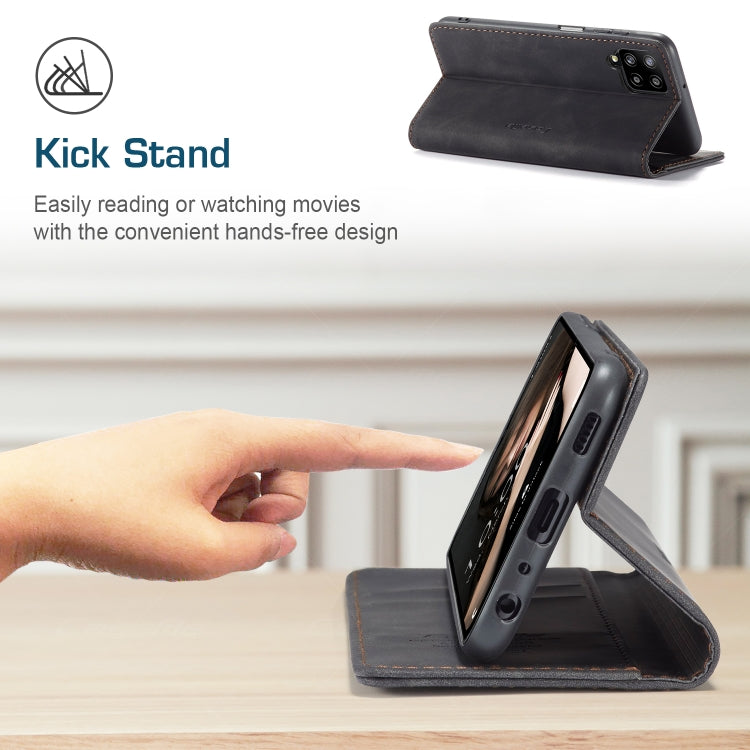 Dark leather flip phone case with built-in kickstand for hands-free viewing on phone.