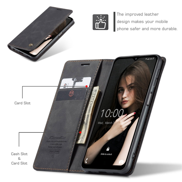 Dark leather flip phone case with card slots and cash slot on the inner wallet panel.
