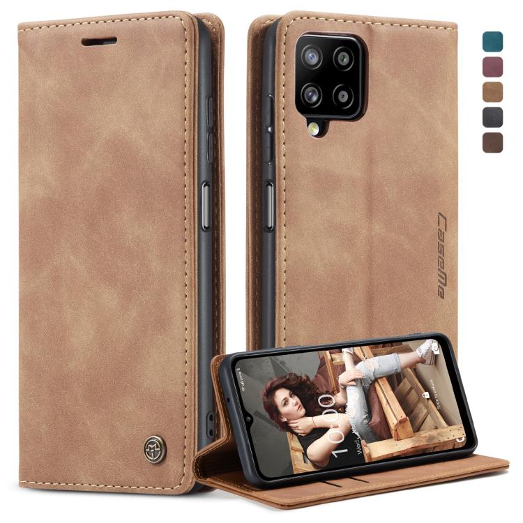 Brown leather flip phone case with card slot and wallet, front view and stand position.
