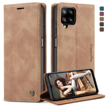 Brown leather flip phone case with card slot and wallet, front view and stand position.
