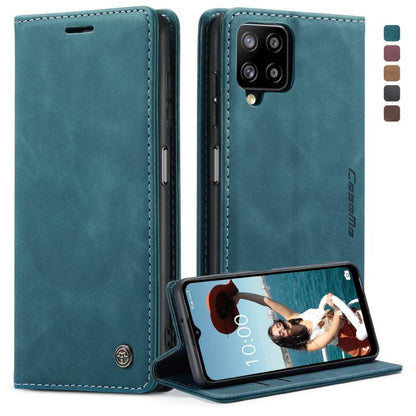 Blue leather flip phone case with card slot and stand, horizontal wallet style