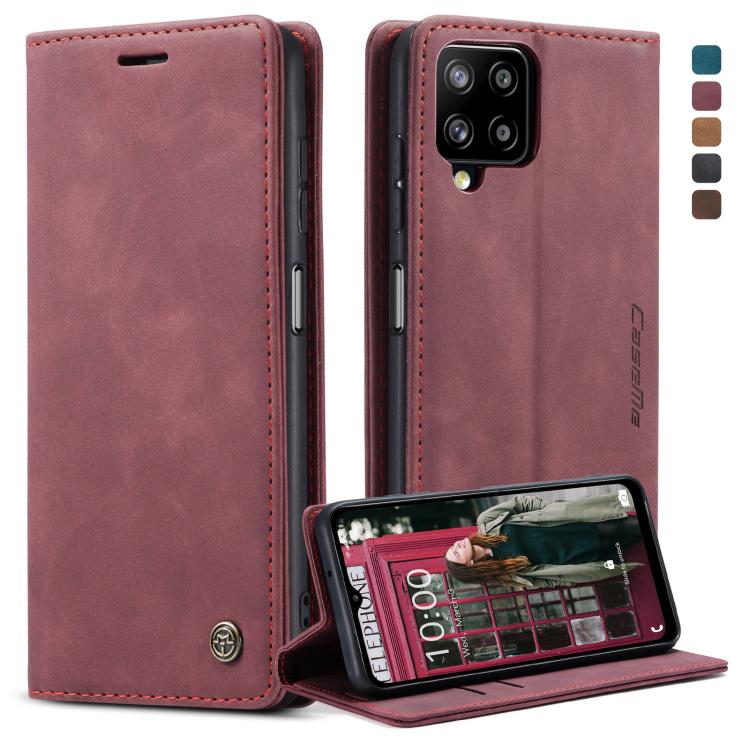 Wine red leather flip phone case with card slot and stand, front camera cutout