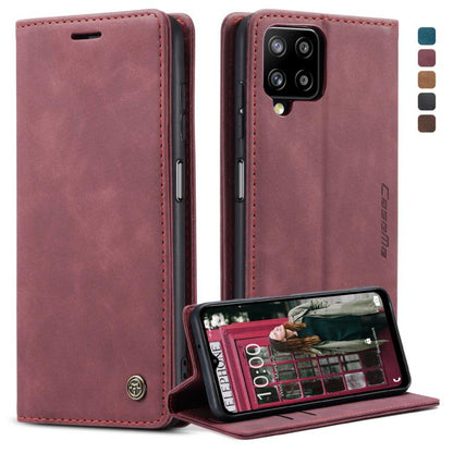 Wine red leather flip phone case with card slot and stand, front camera cutout