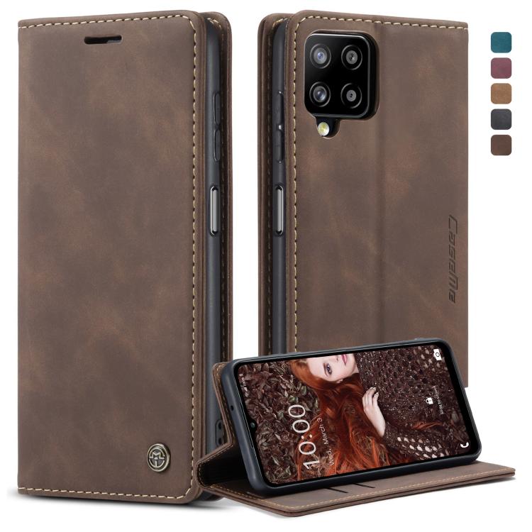 Brown leather flip phone case with card slot and stand, stitched edges and logo