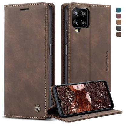 Brown leather flip phone case with card slot and stand, stitched edges and logo