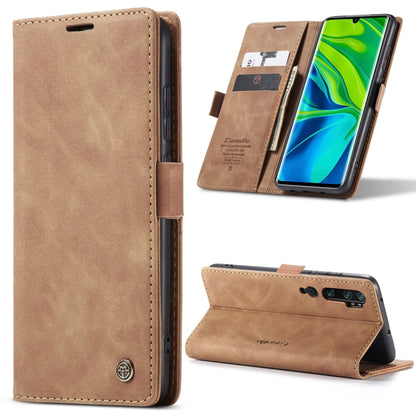 Brown leather flip phone case open with card slot and kickstand for hands-free viewing.