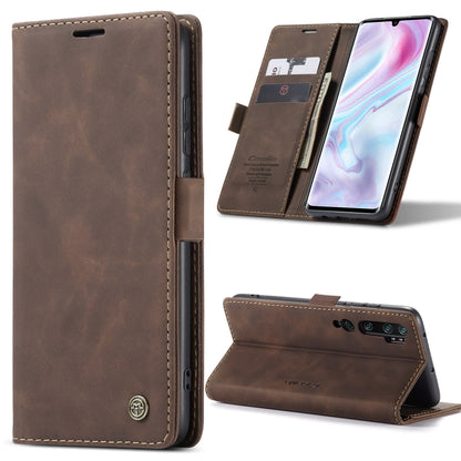 Brown leather flip phone case with card slot, viewing stand, and side button cutouts