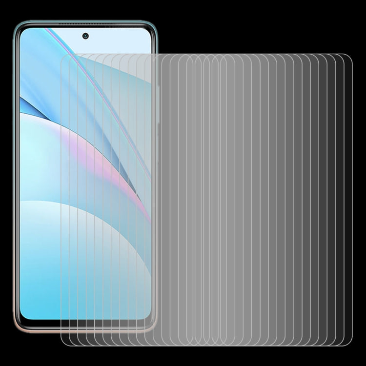 Set of 50 tempered glass screen protectors for a smartphone screen, stacked for use