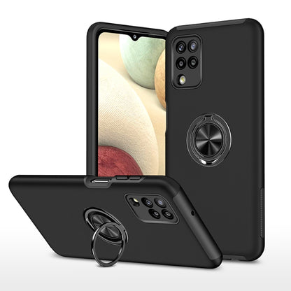 Black shockproof phone case with magnetic ring holder, raised camera cutouts