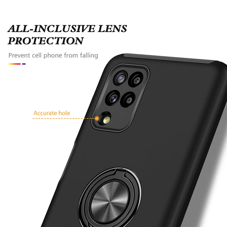 Black protective phone case with precise lens cutouts and magnetic ring holder disc