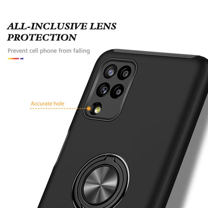 Black protective phone case with precise lens cutouts and magnetic ring holder disc