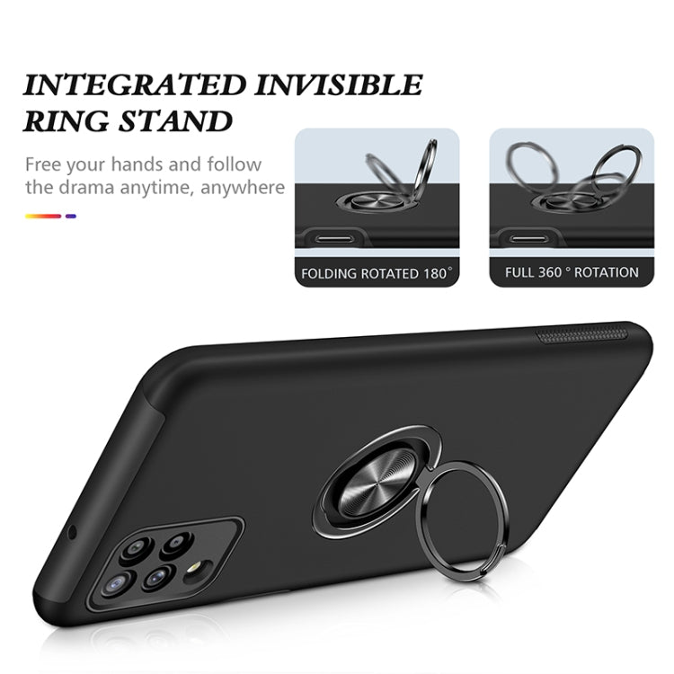 Black phone case with integrated rotating magnetic ring stand on the back