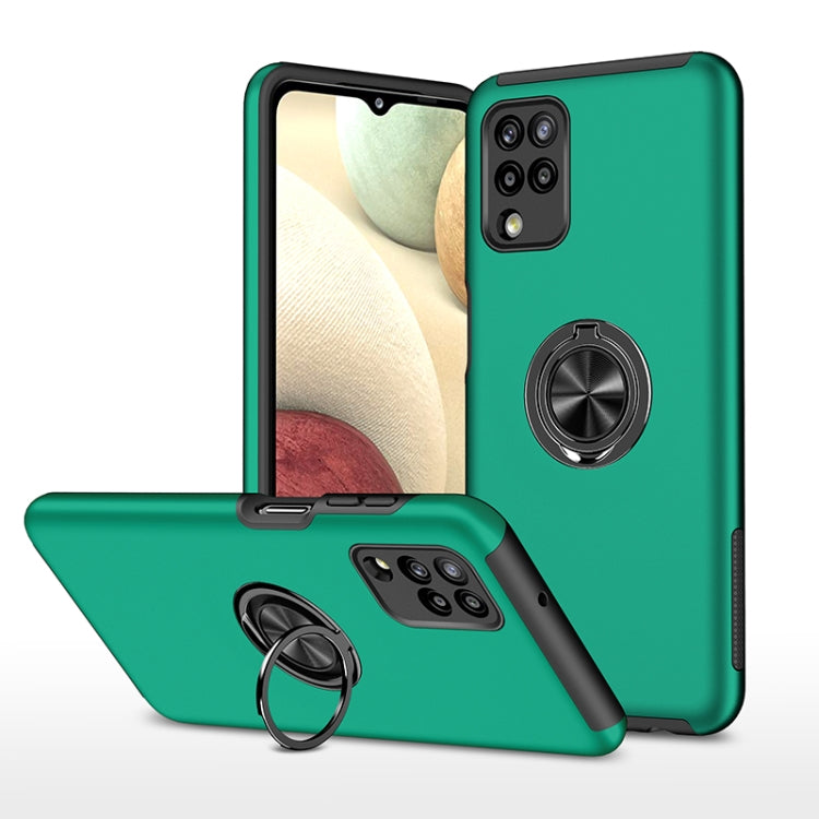 Dark green shockproof phone case with magnetic ring holder and raised camera protection