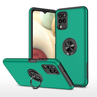 Dark green shockproof phone case with magnetic ring holder and raised camera protection