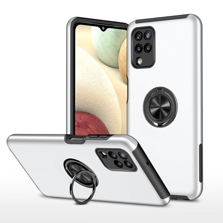 Silver shockproof phone case with magnetic ring holder and raised camera protection
