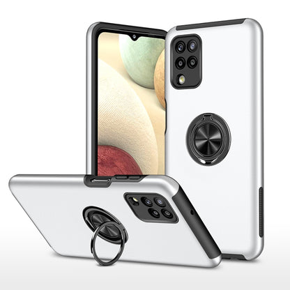 Silver shockproof phone case with magnetic ring holder and raised camera protection