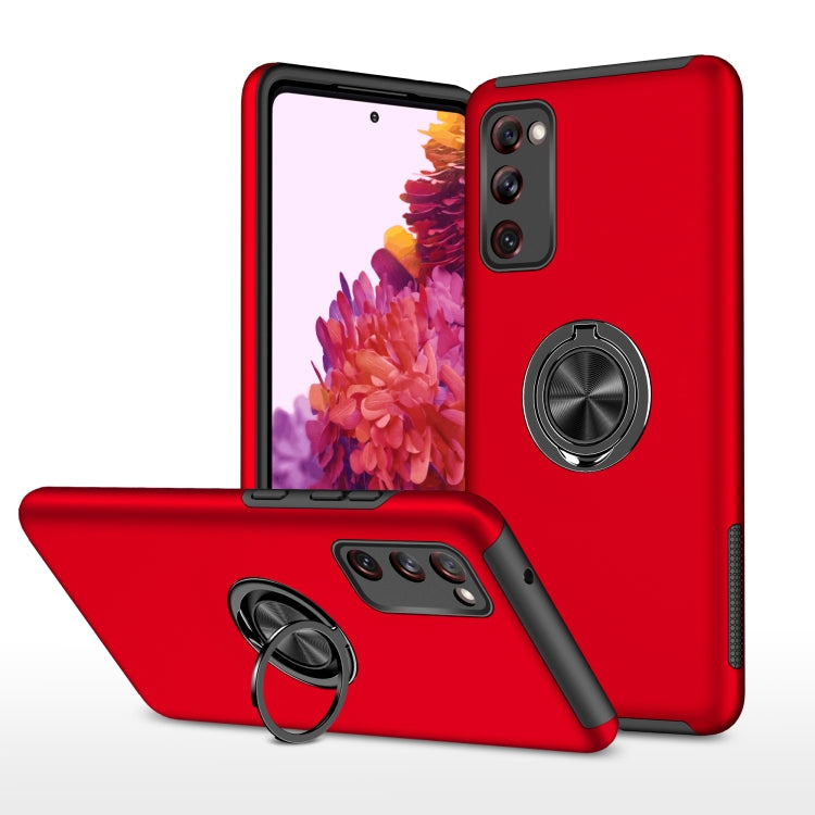 Red shockproof phone case with magnetic ring holder and protective camera bump