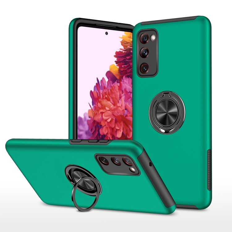 Dark green shockproof phone case with magnetic ring holder and raised camera protection